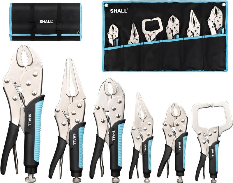 SHALL 6-Piece Locking Pliers, Vice Grips Pliers Set, 5",7" & 10" Curved Jaw Locking Pliers, 6-1/2" & 9-1/2 Long Nose Locking Pliers, 6" Locking C-Clamp, Two-Color TPR Handle, Roll Up Pouch Included - Image 1